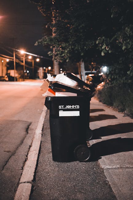A black wheelie bin with the label 'St. John's' placed on a sidewalk at night, with a city street illuminated by streetlights in the background. The bin is filled with various trash and recycling materials, including cardboard boxes and plastic packaging, some of which are sticking out of the open lid. The bin is positioned near the curb, ready for collection, reflecting the typical scene during household waste disposal. The surrounding environment includes a row of trees and bushes along the pavement, with shadows cast by the streetlights. This scene is relevant to house removals and moving services provided by Man and Van Hampton, as it demonstrates aspects of waste management and clearance prior to home relocation or packing and moving activities, consistent with Hampton waste disposal rules as outlined in the Richmond Council guide.